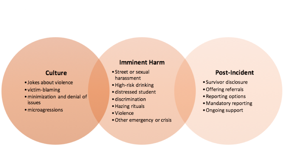 The spectrum of harm refers to three overlapping spheres (Figure 1) of negative incidents in which bystander intervention can be utilized to prevent or reduce harm. 